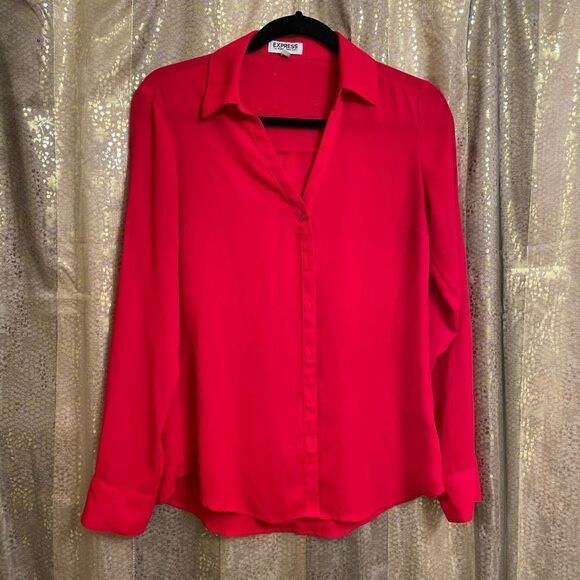 Express Cherry Red Slim Portifino Button Down Blouse, Size Small - Picture 1 of 4